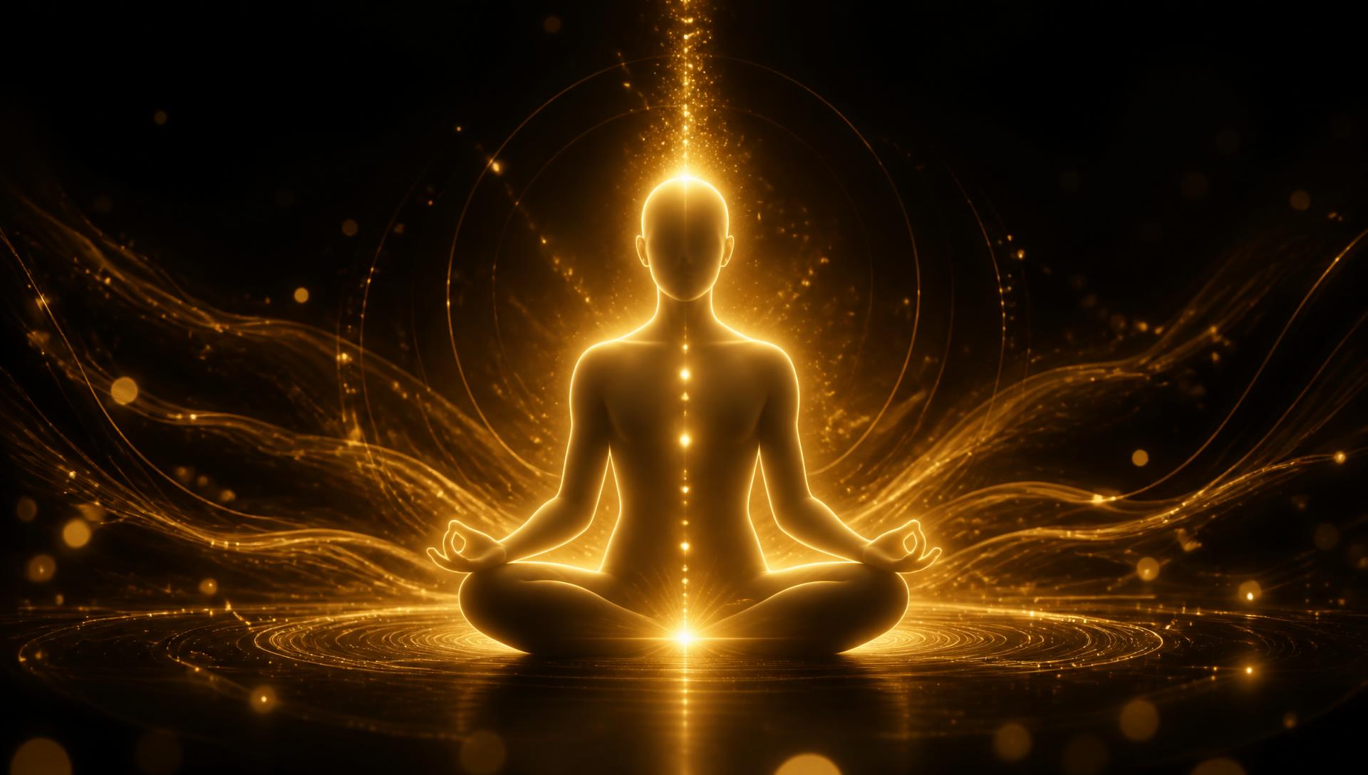 A luminous meditative human silhouette in warm gold light, surrounded by flowing energy lines and soft bokeh particles