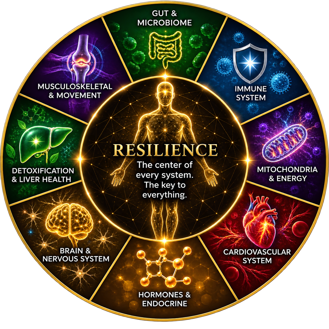 Resilience wheel showing the eight body systems mapped in Whole Body Health Mapping